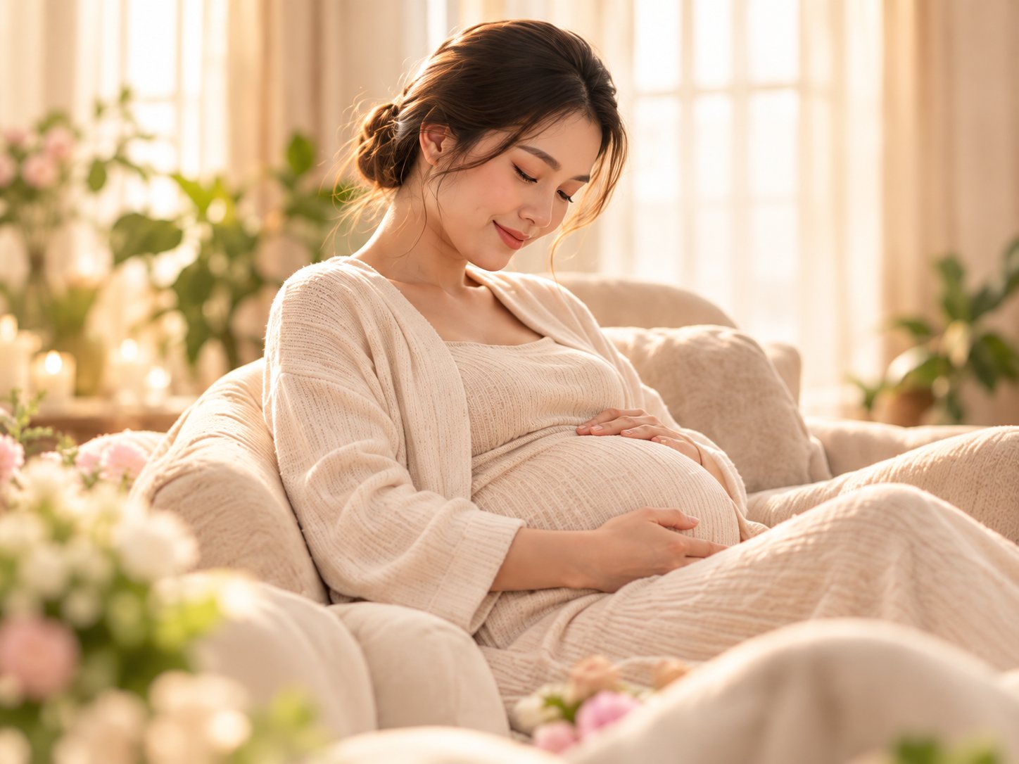 Người mẹ ôm con sơ sinh trong vòng tay, ánh sáng ấm