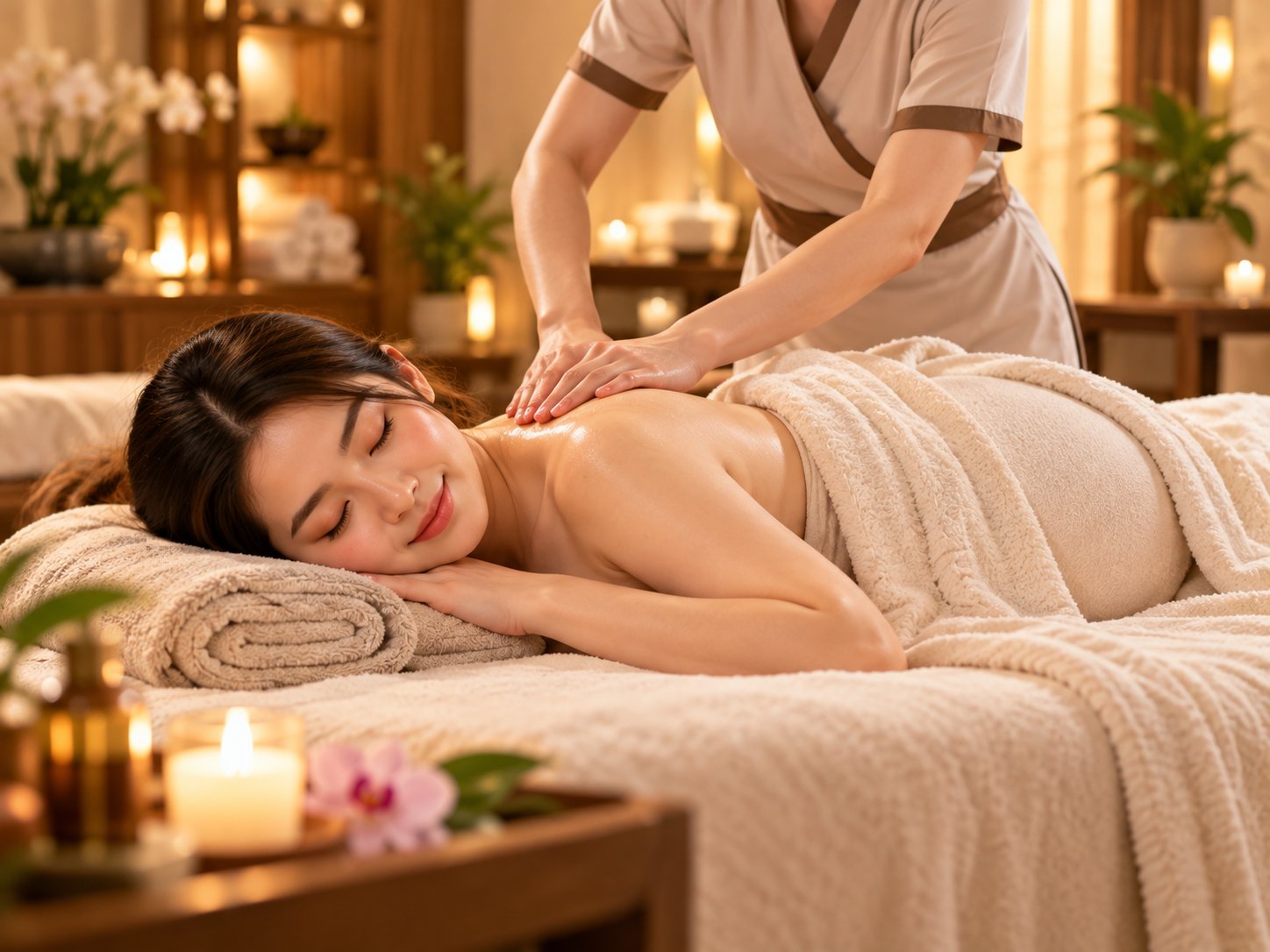 Mẹ sau sinh được massage lưng thư giãn
